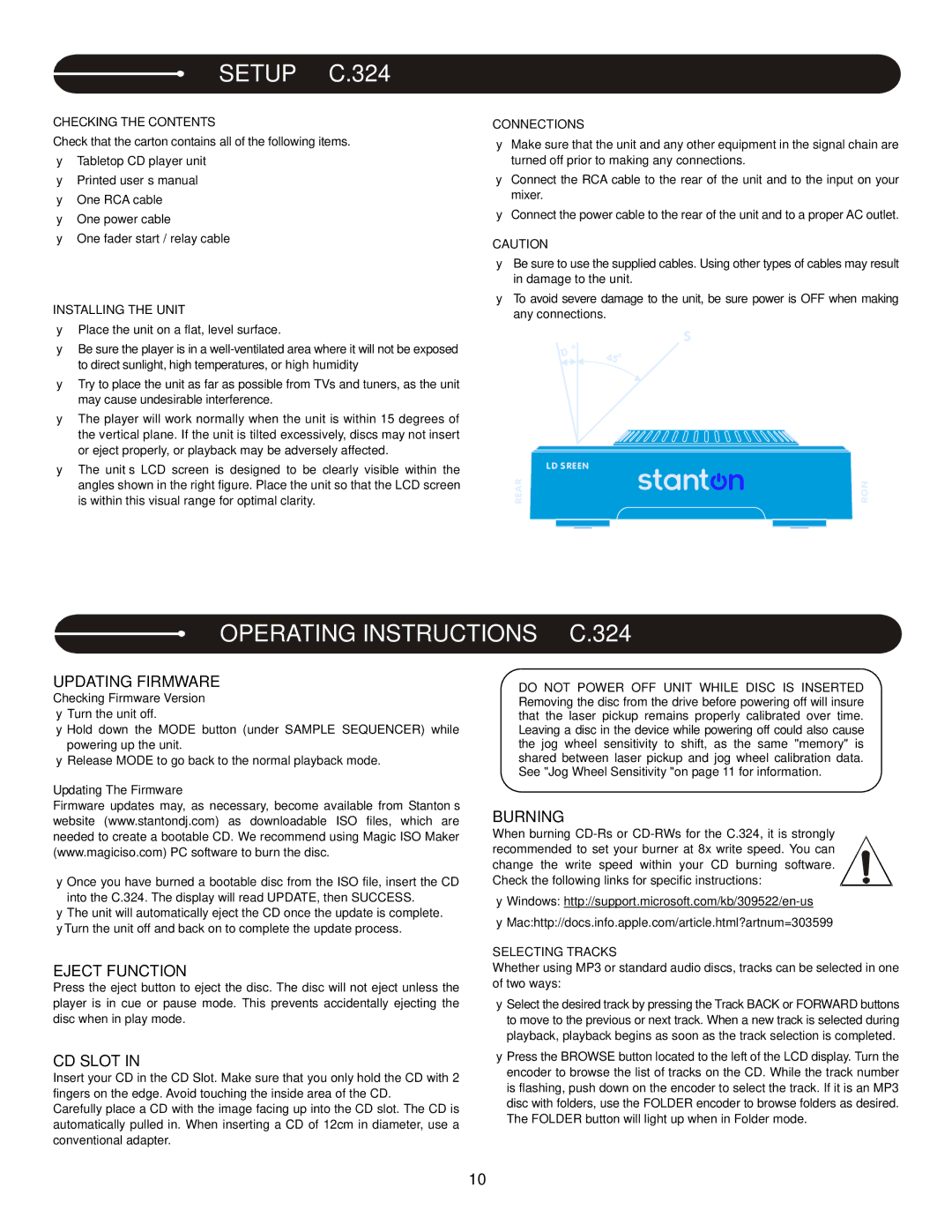 Stanton PRO.V4 user manual Setup C.324, Operating Instructions C.324 