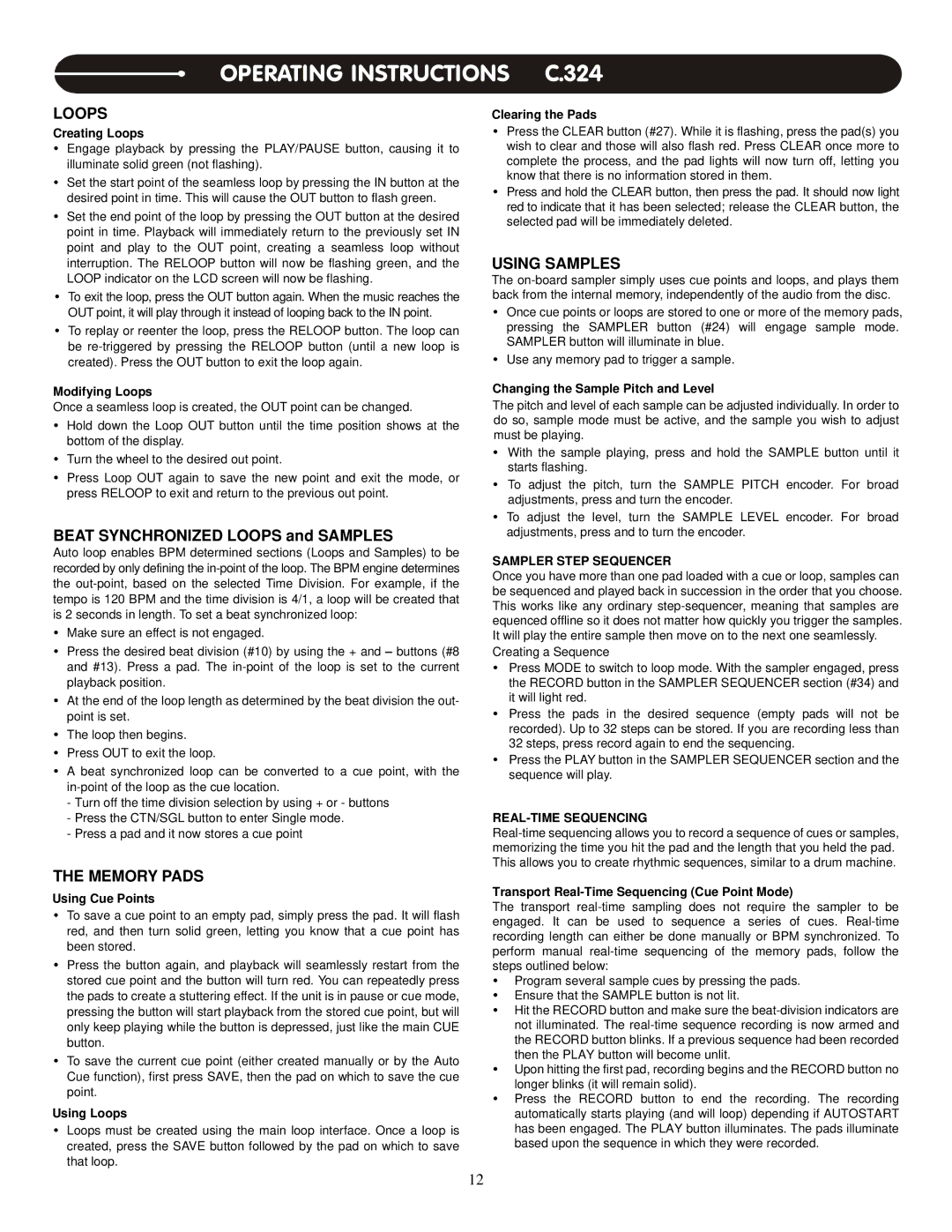 Stanton PRO.V4 user manual Loops, Memory Pads, Using Samples, Sampler Step Sequencer, REAL-TIME Sequencing 