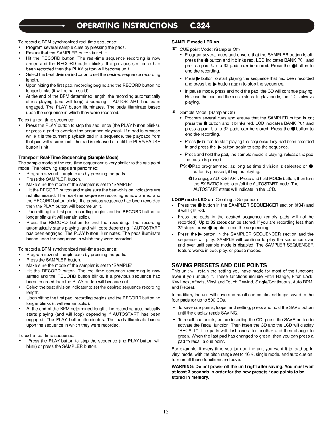 Stanton PRO.V4 user manual Saving Presets and CUE Points, Transport Real-Time Sequencing Sample Mode, Sample mode LED on 