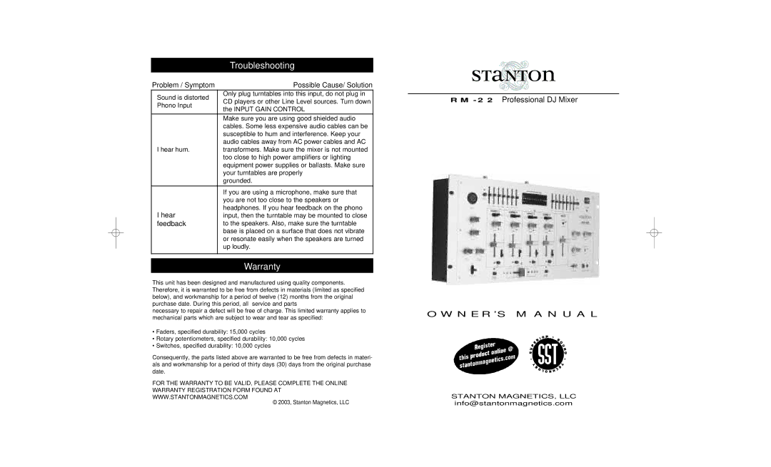 Stanton RM-22 owner manual Troubleshooting, Warranty 