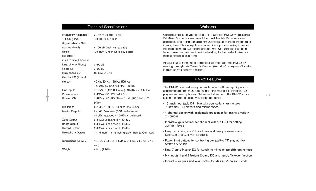 Stanton owner manual Technical Specifications, Welcome, RM-22 Features 