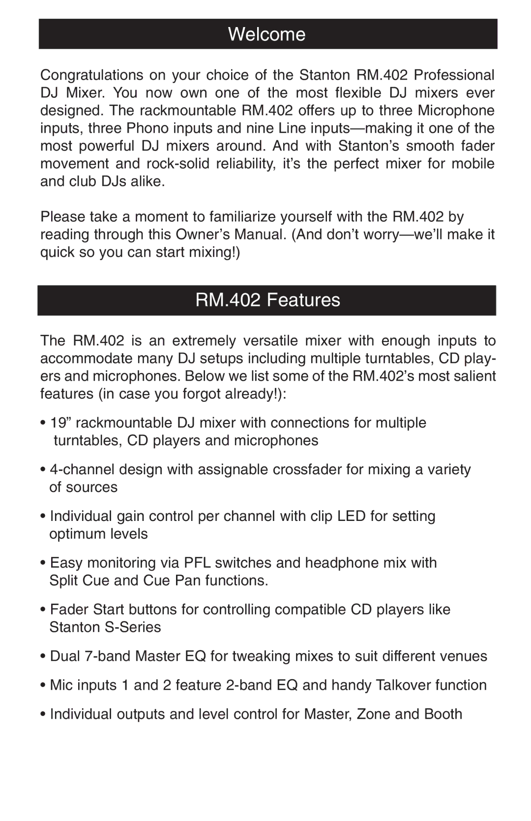 Stanton RM-402 owner manual Welcome, RM.402 Features 