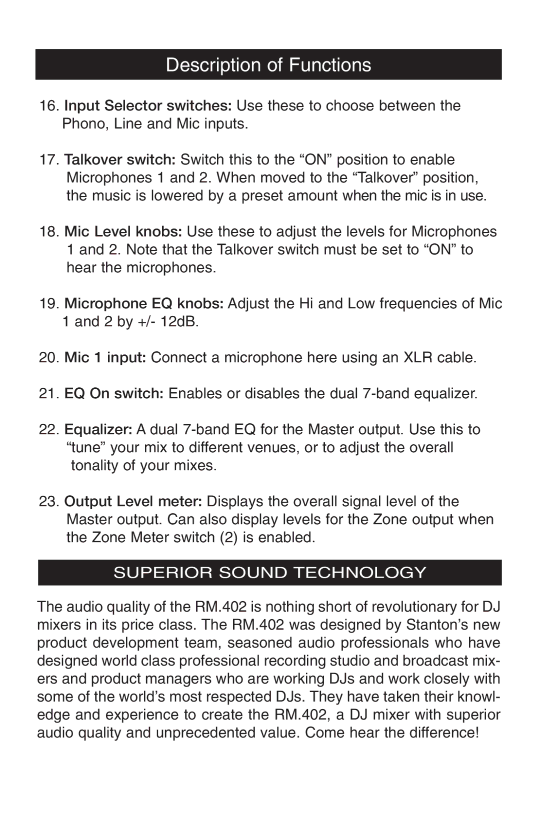 Stanton RM-402 owner manual Superior Sound Technology 