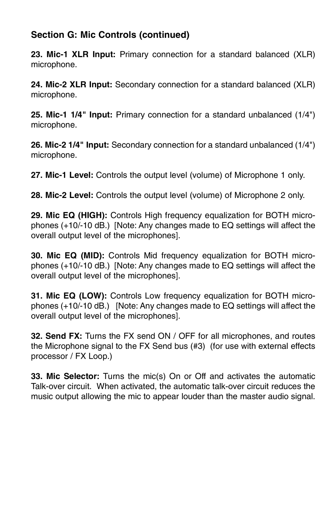 Stanton RM-406 owner manual Section G Mic Controls 