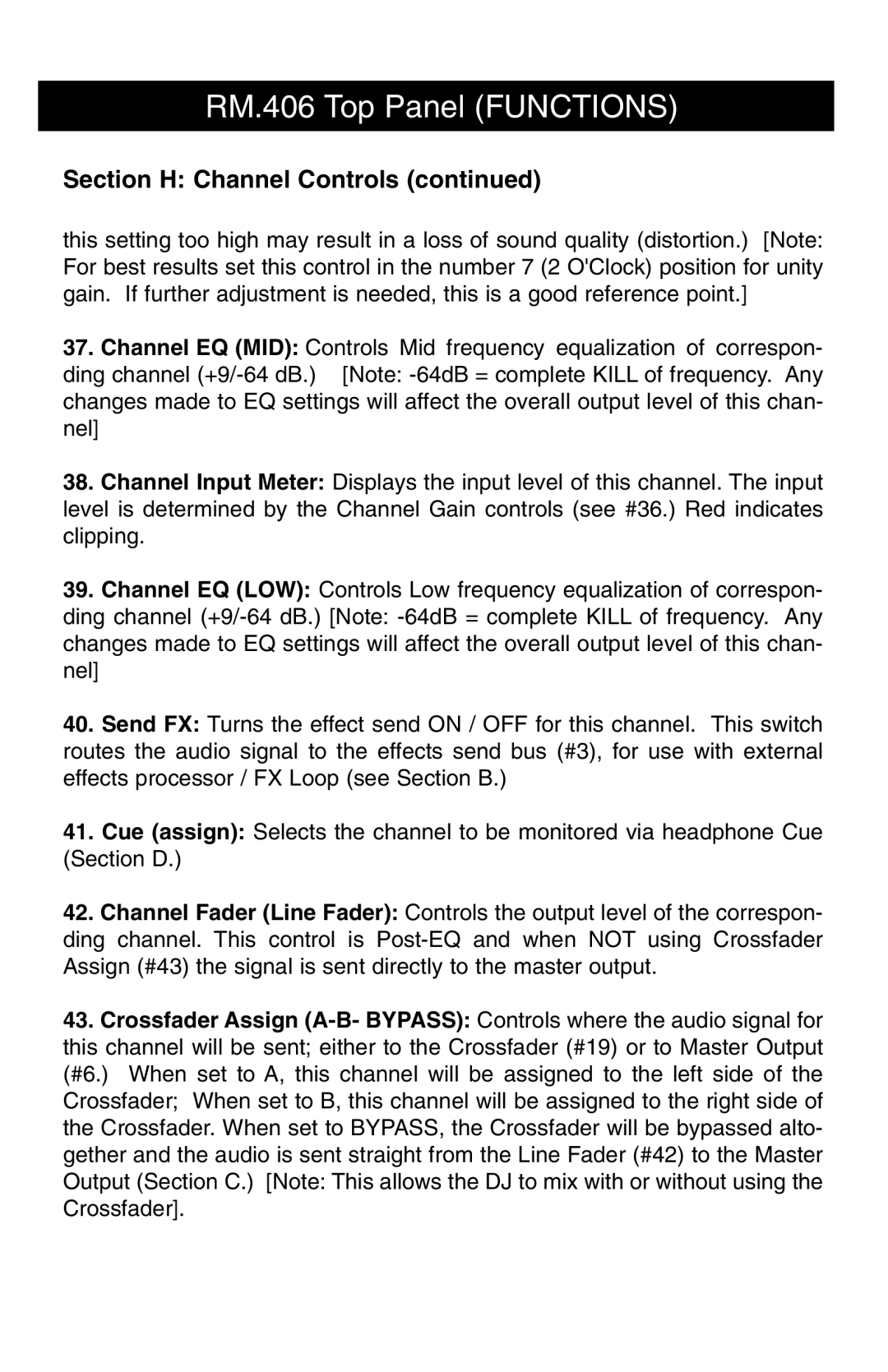 Stanton RM-406 owner manual Section H Channel Controls 