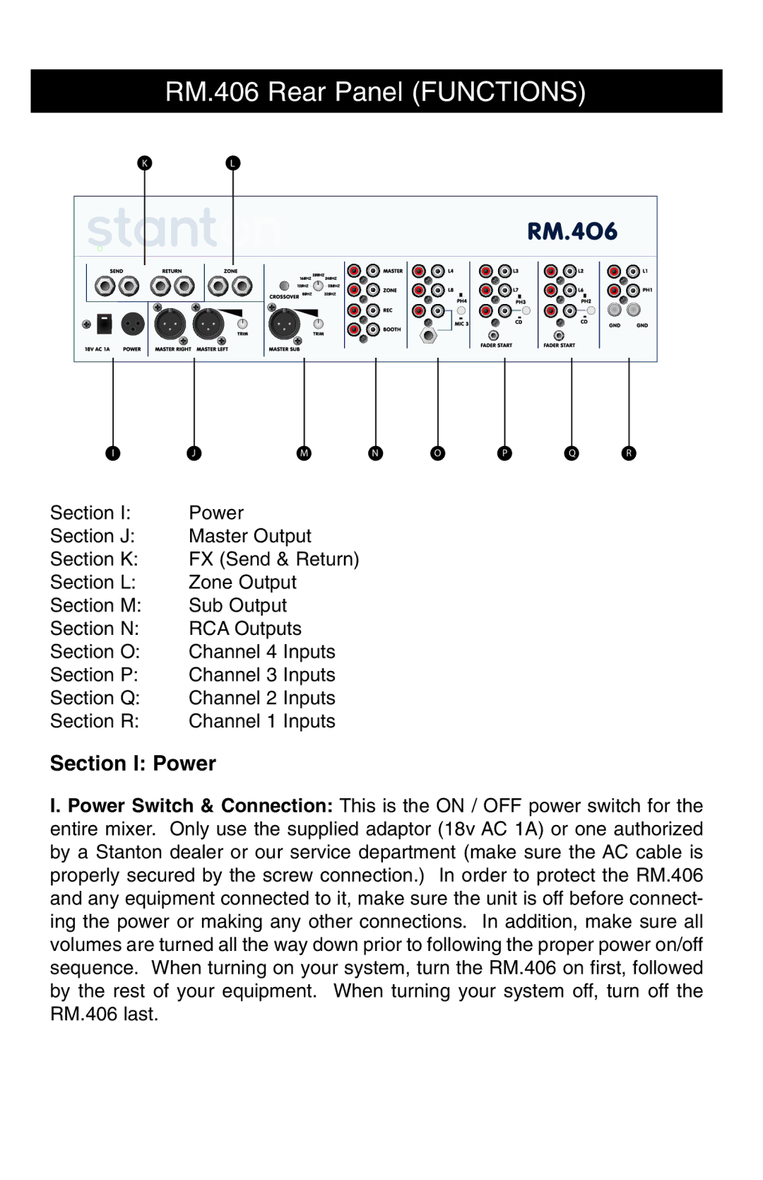 Stanton RM-406 owner manual RM.406 Rear Panel Functions, Section I Power 