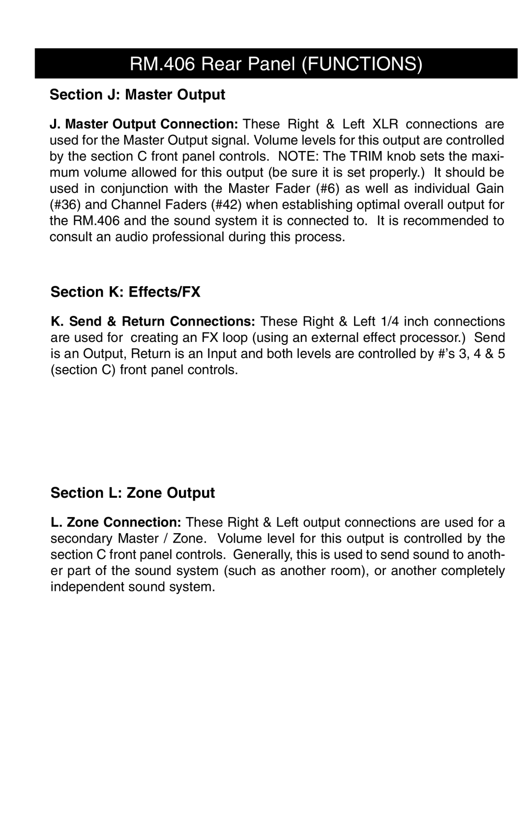 Stanton RM-406 owner manual Section J Master Output, Section K Effects/FX, Section L Zone Output 