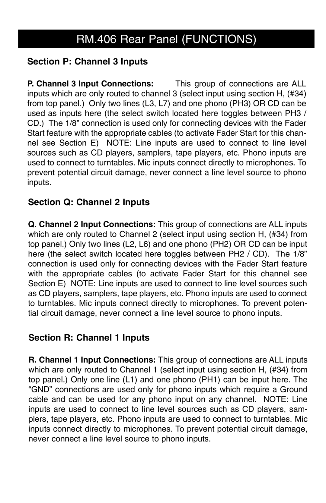 Stanton RM-406 owner manual Section P Channel 3 Inputs, Section Q Channel 2 Inputs, Section R Channel 1 Inputs 