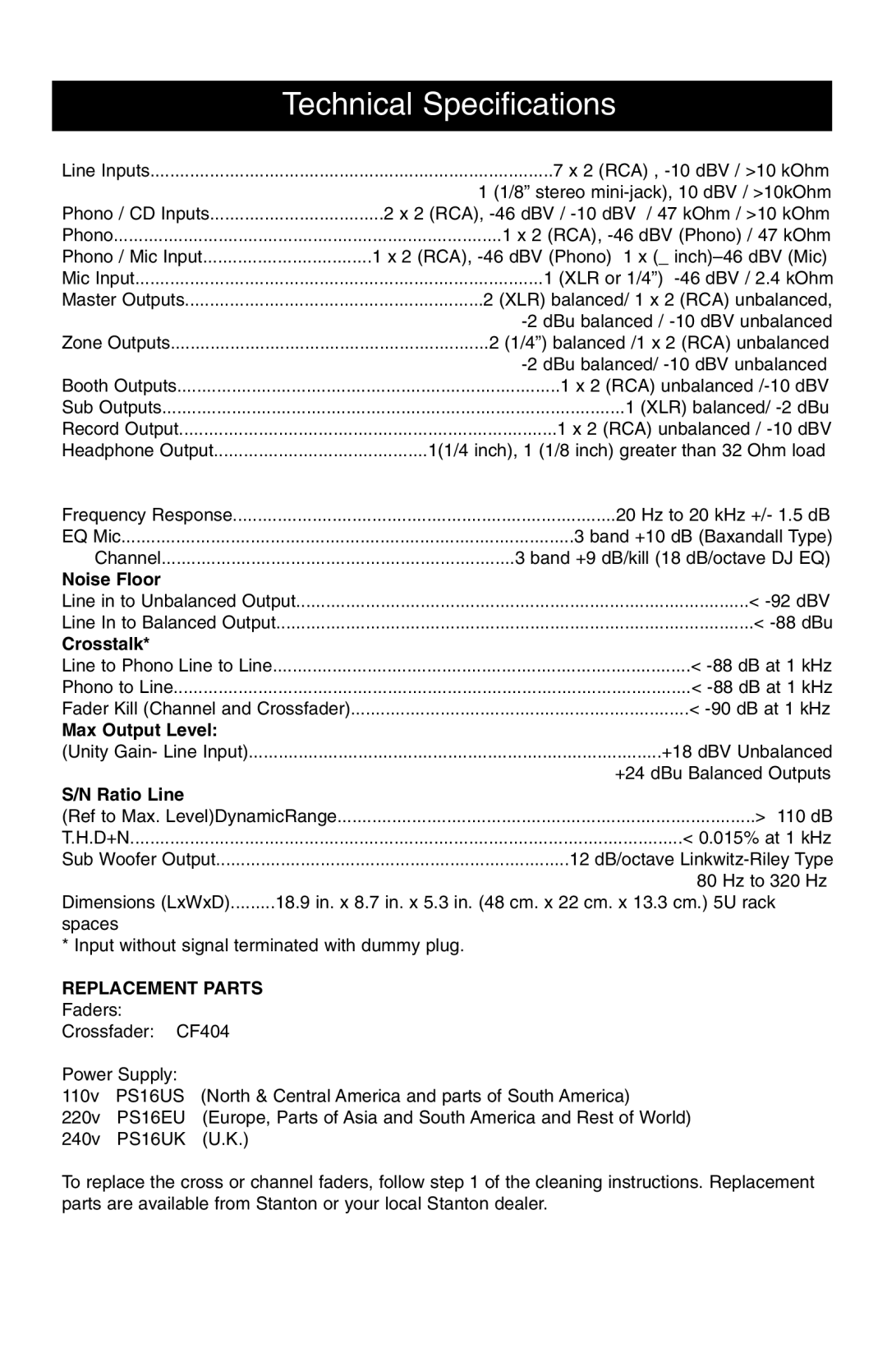 Stanton RM-406 owner manual Technical Specifications, Crosstalk 