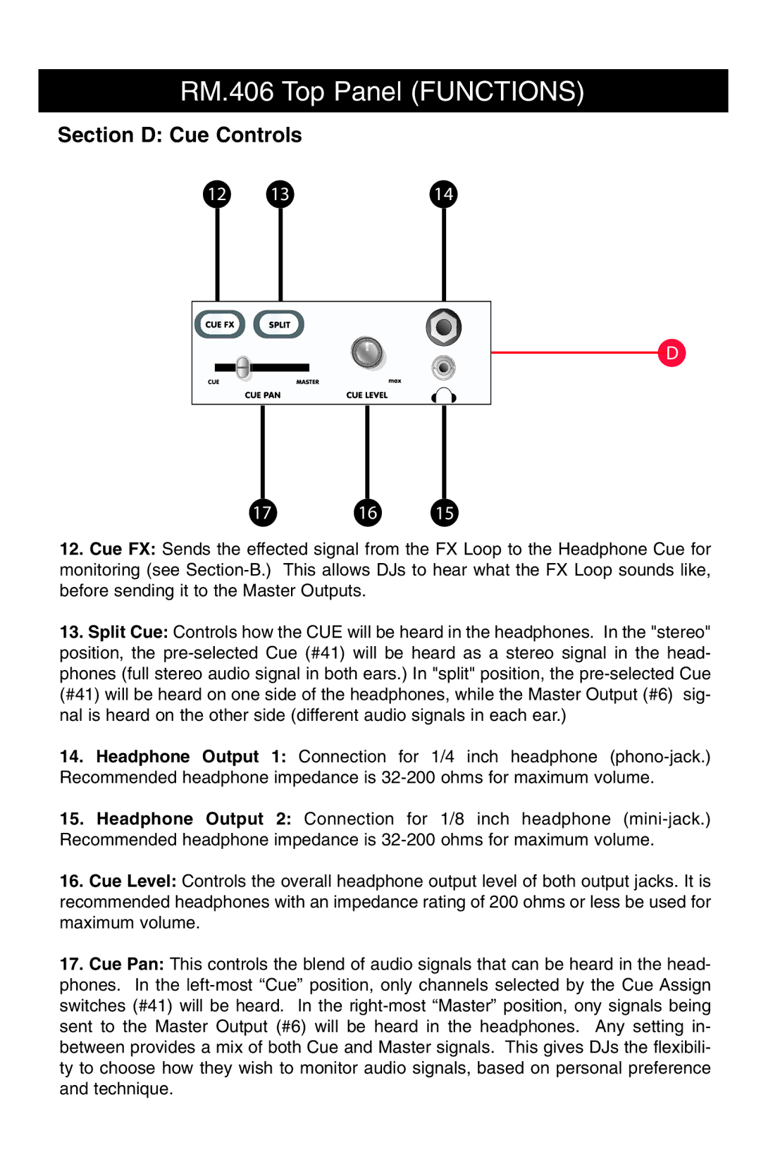 Stanton RM-406 owner manual Section D Cue Controls 