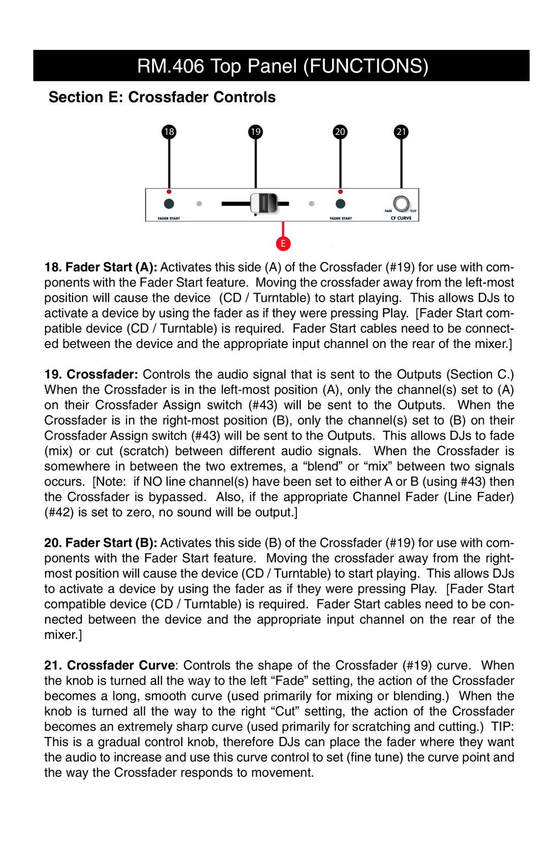 Stanton RM-406 owner manual Section E Crossfader Controls 