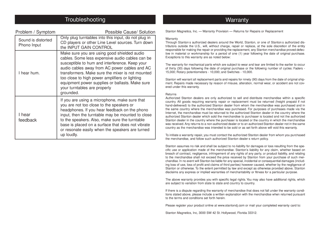 Stanton RM.402 owner manual Troubleshooting Warranty, Problem / Symptom Possible Cause/ Solution 