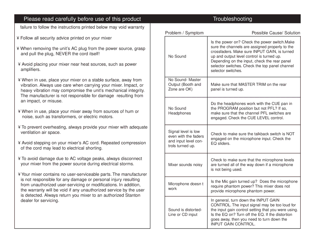 Stanton RM.402 owner manual Please read carefully before use of this product, Troubleshooting 