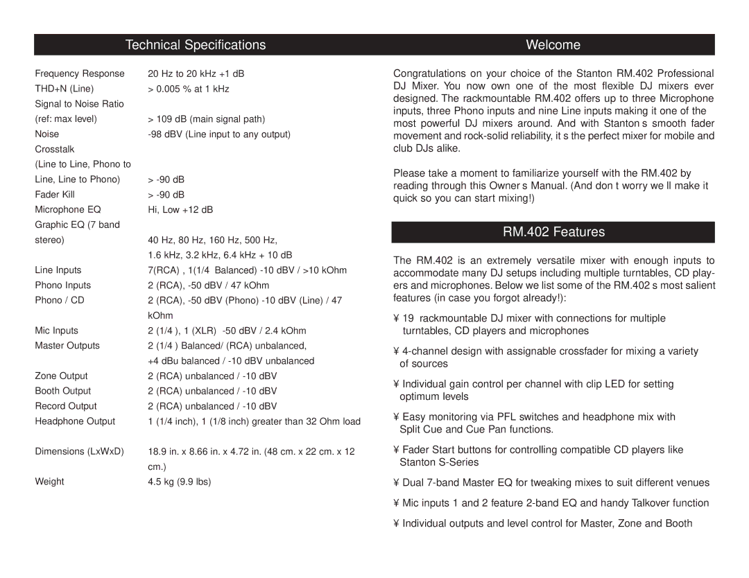 Stanton owner manual Technical Specifications, Welcome, RM.402 Features 