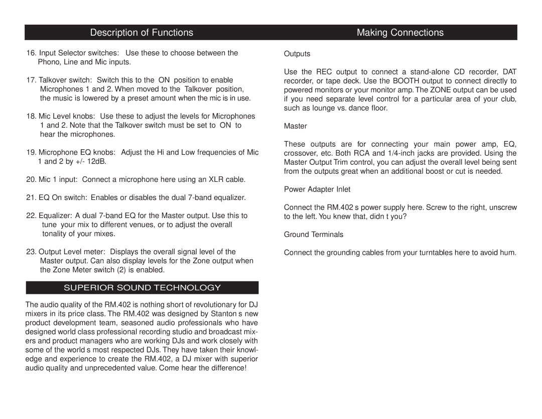 Stanton RM.402 owner manual Description of Functions, Superior Sound Technology 