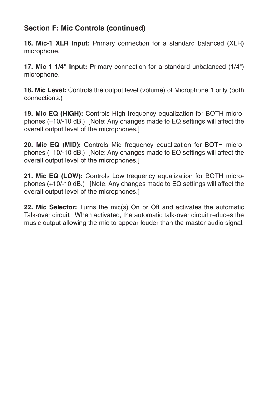 Stanton RM.404 owner manual Section F Mic Controls 