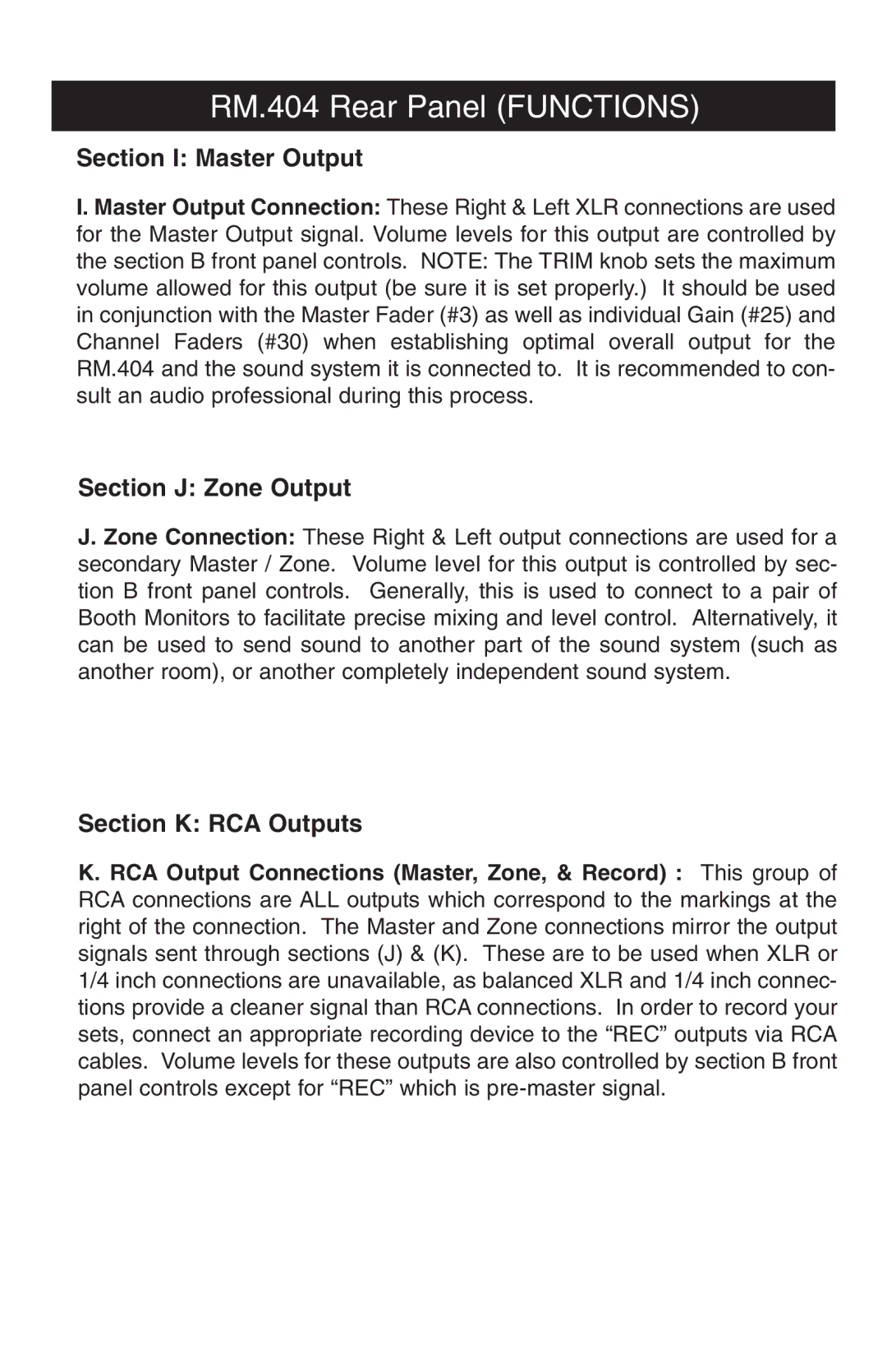 Stanton RM.404 owner manual Section I Master Output, Section J Zone Output, Section K RCA Outputs 