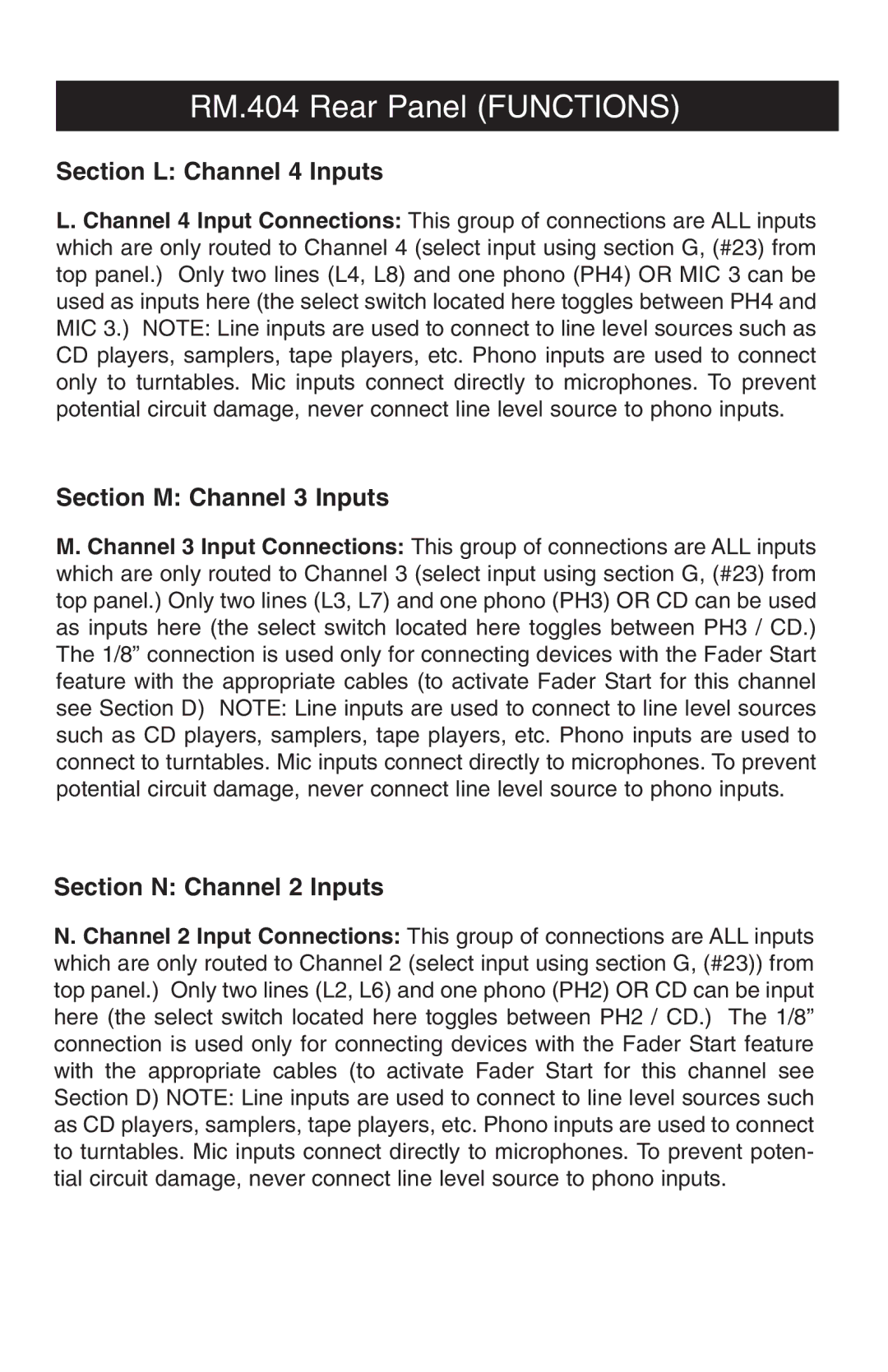 Stanton RM.404 owner manual Section L Channel 4 Inputs, Section M Channel 3 Inputs, Section N Channel 2 Inputs 