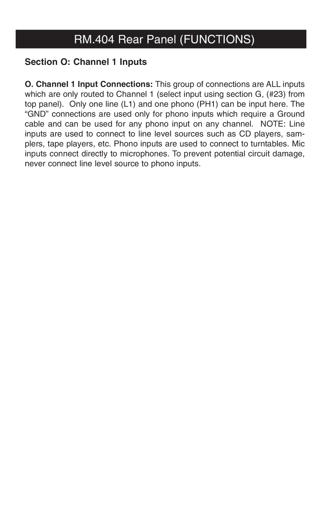Stanton RM.404 owner manual Section O Channel 1 Inputs 