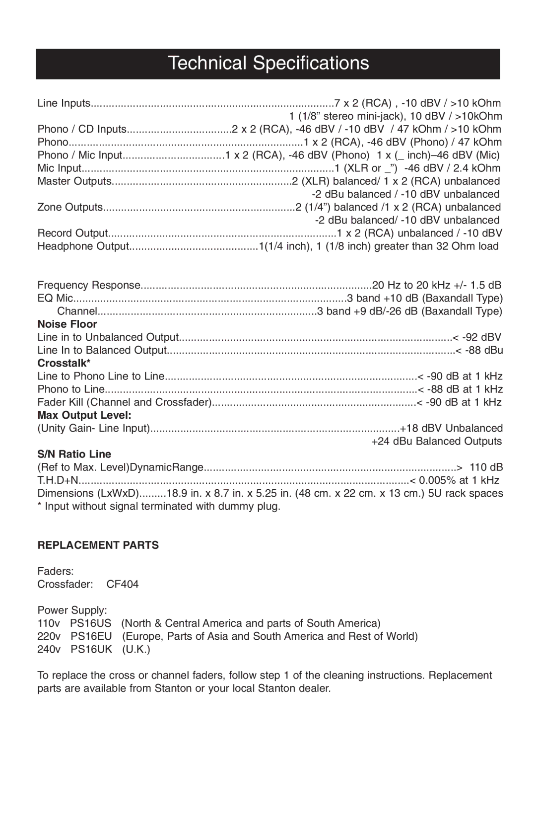 Stanton RM.404 owner manual Technical Specifications, Crosstalk 