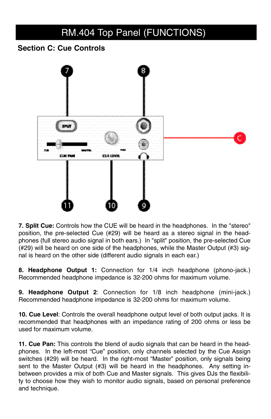 Stanton RM.404 owner manual Section C Cue Controls 