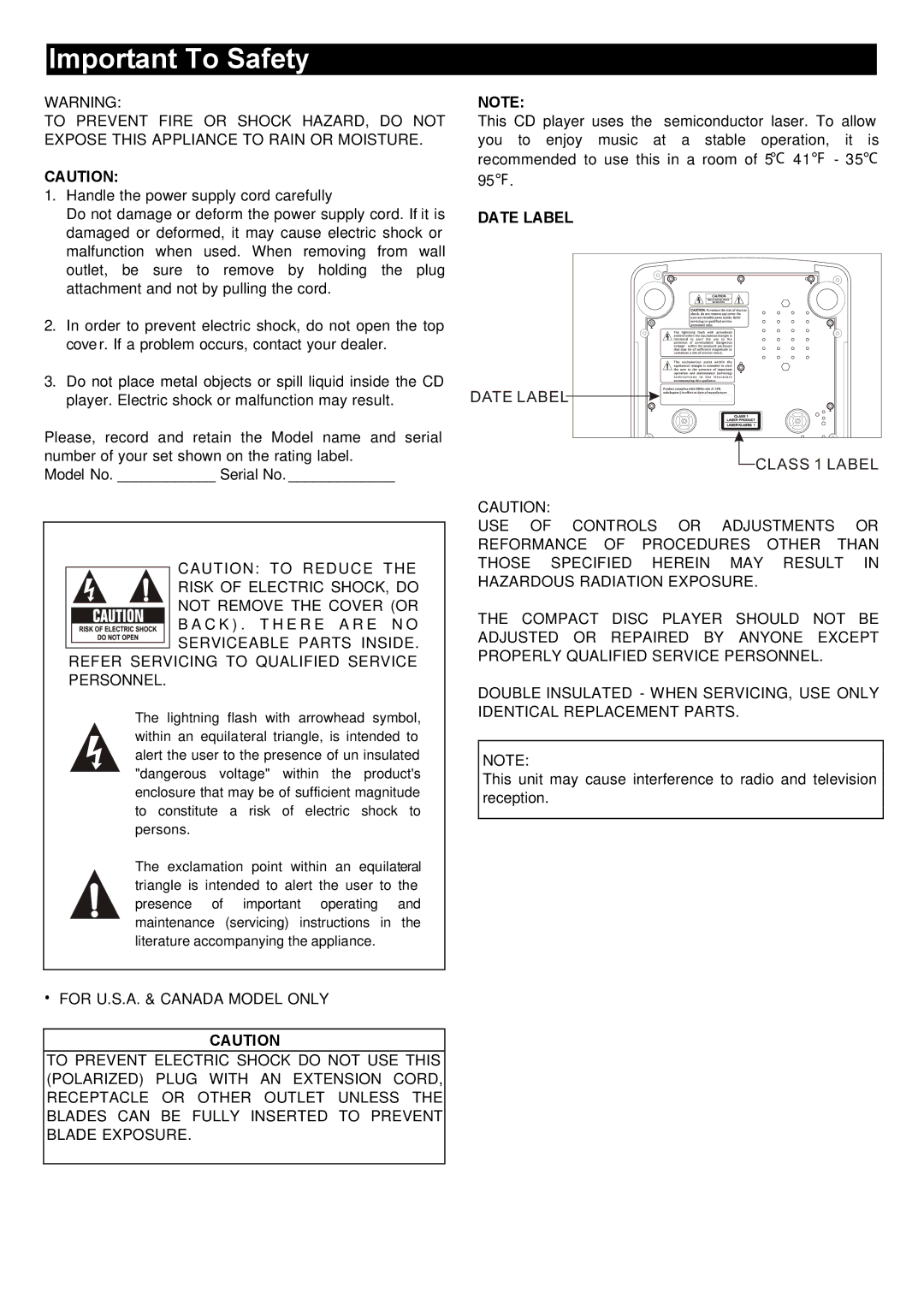 Stanton S-350 user manual Important To Safety, Refer Servicing to Qualified Service Personnel 