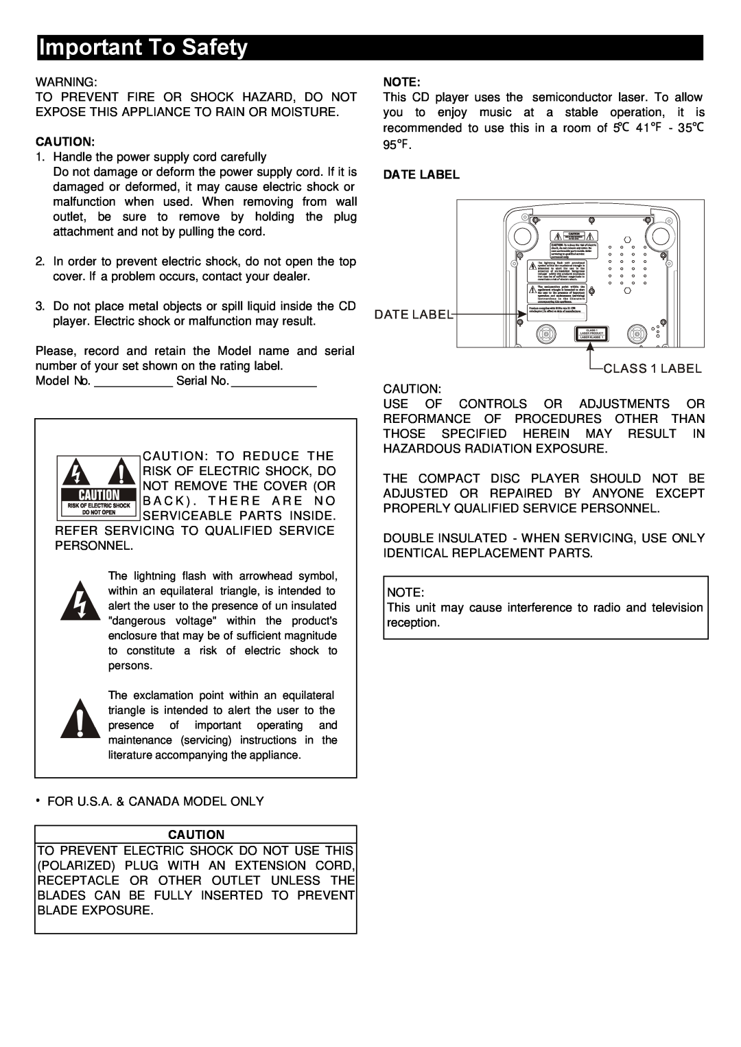 Stanton S-450 user manual Important To Safety, Date Label, DATE LABEL CLASS 1 LABEL 