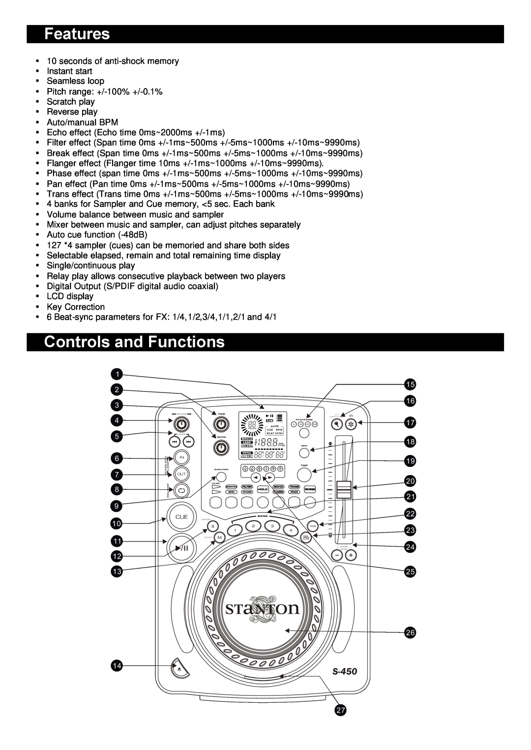 Stanton S-450 user manual Features, Controls and Functions 