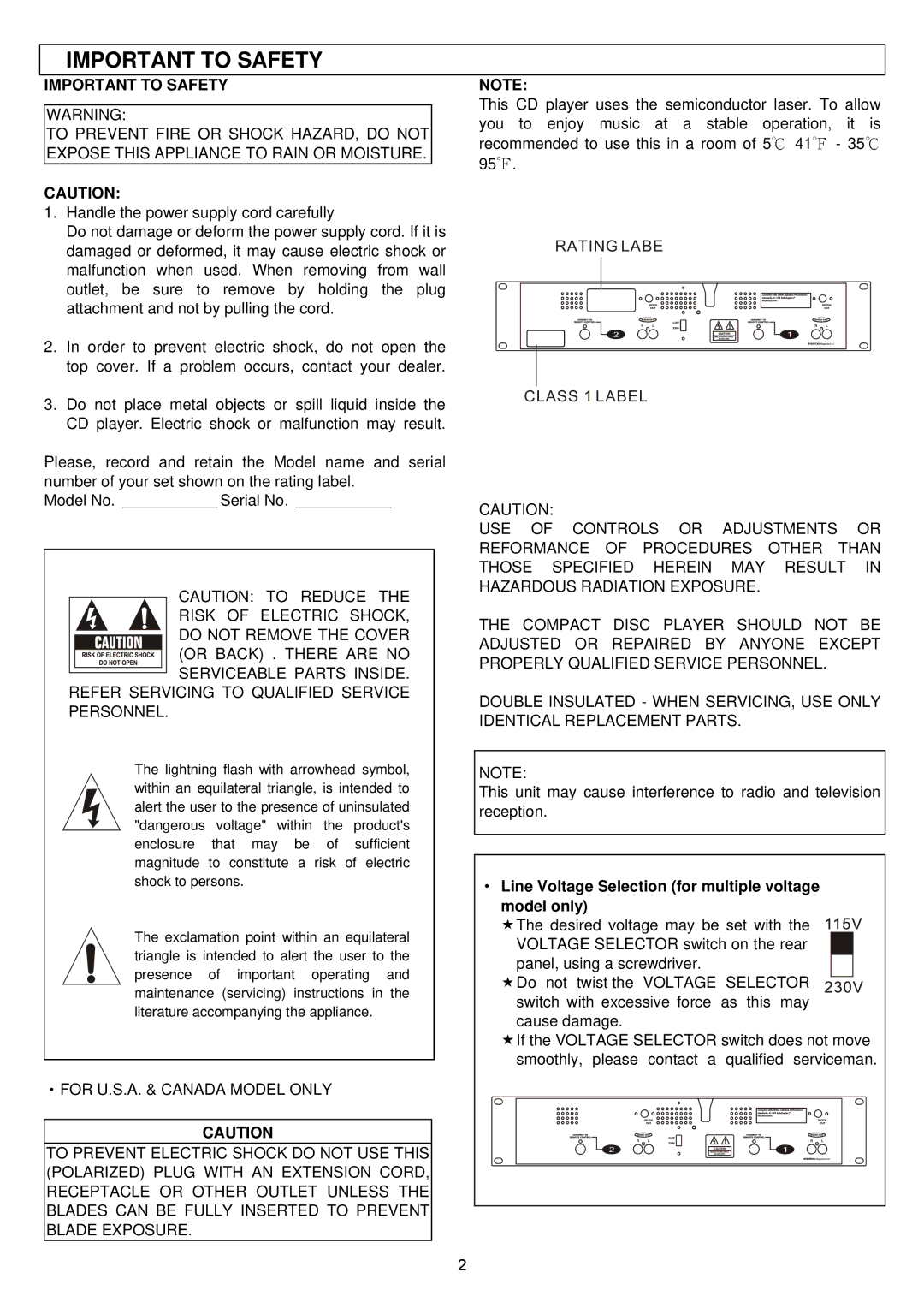 Stanton S-500 user manual Important to Safety, Line Voltage Selection for multiple voltage Model only 