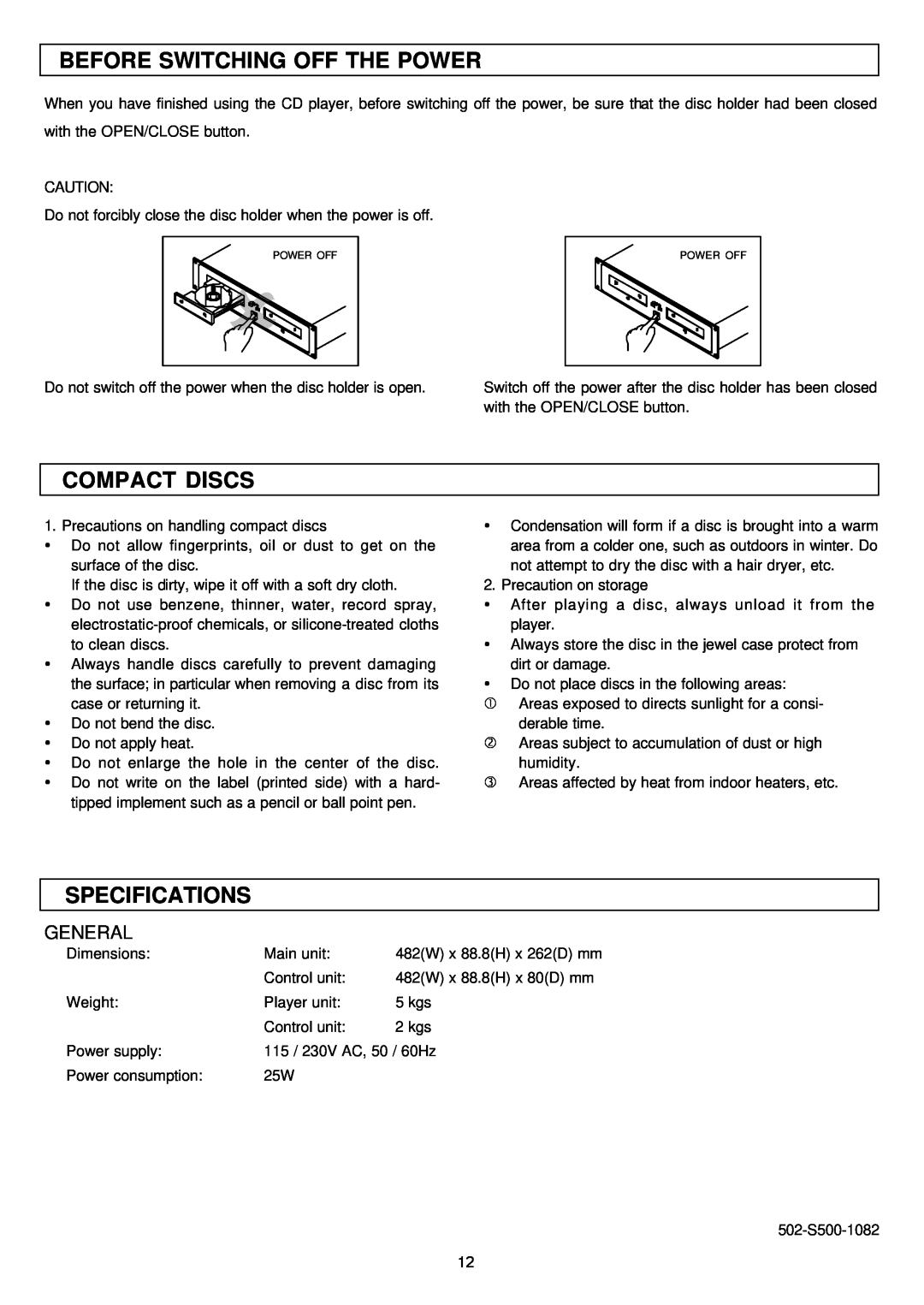 Stanton S-500 user manual Before Switching Off The Power, Compact Discs, Specifications, General 