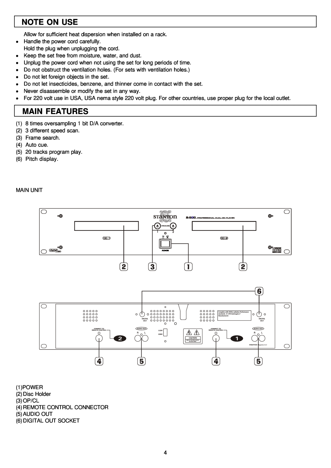 Stanton S-500 user manual Note On Use, Main Features 