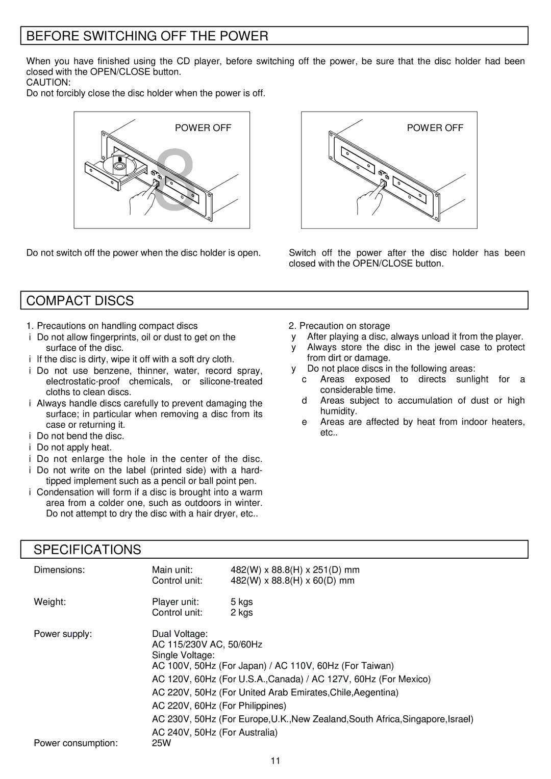 Stanton S-650 MK II manual Before Switching OFF the Power, Compact Discs, Specifications, Power OFF 