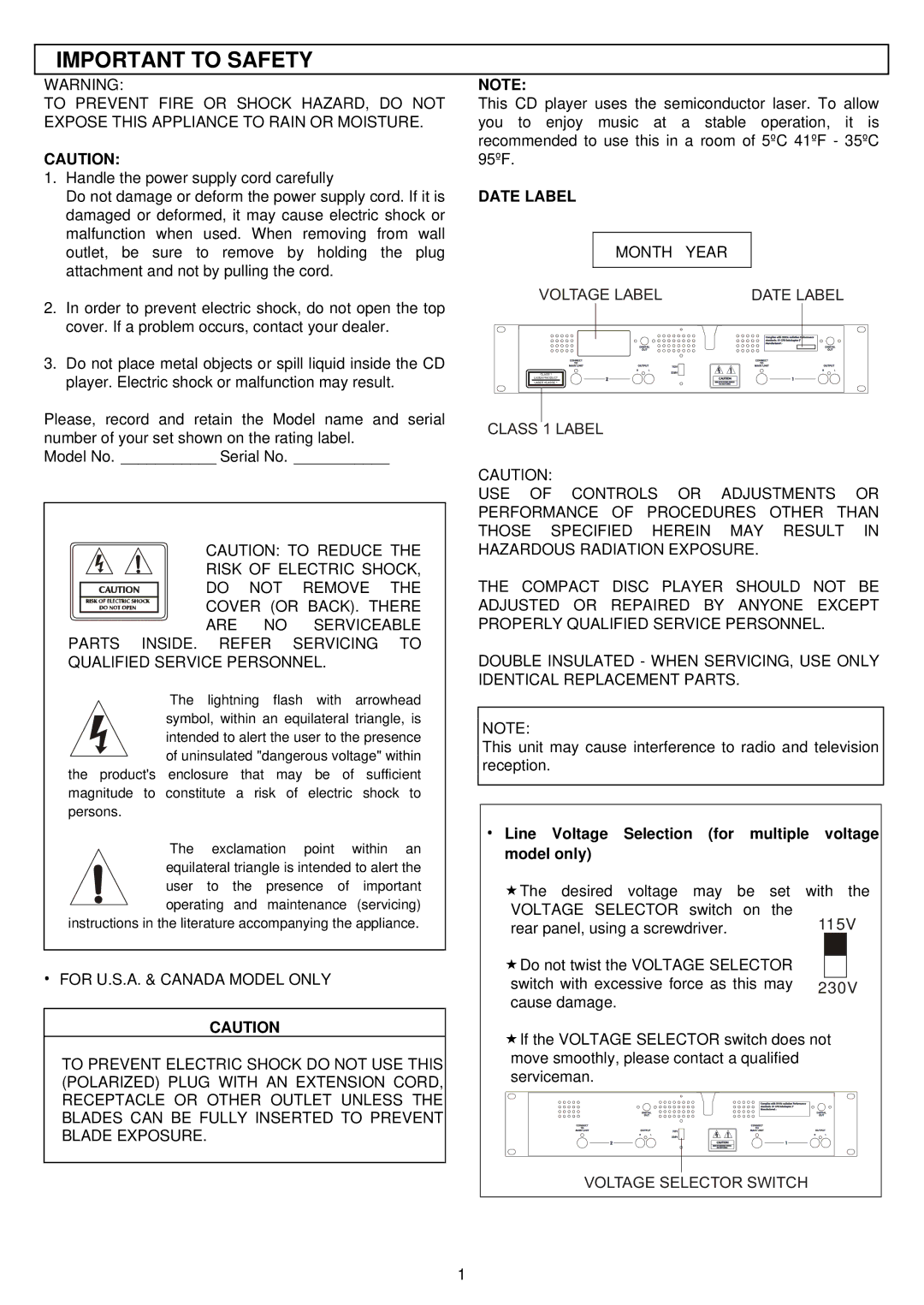 Stanton S-650 MK II manual Important to Safety, Month Year, ‧ Line Voltage Selection for multiple voltage model only 