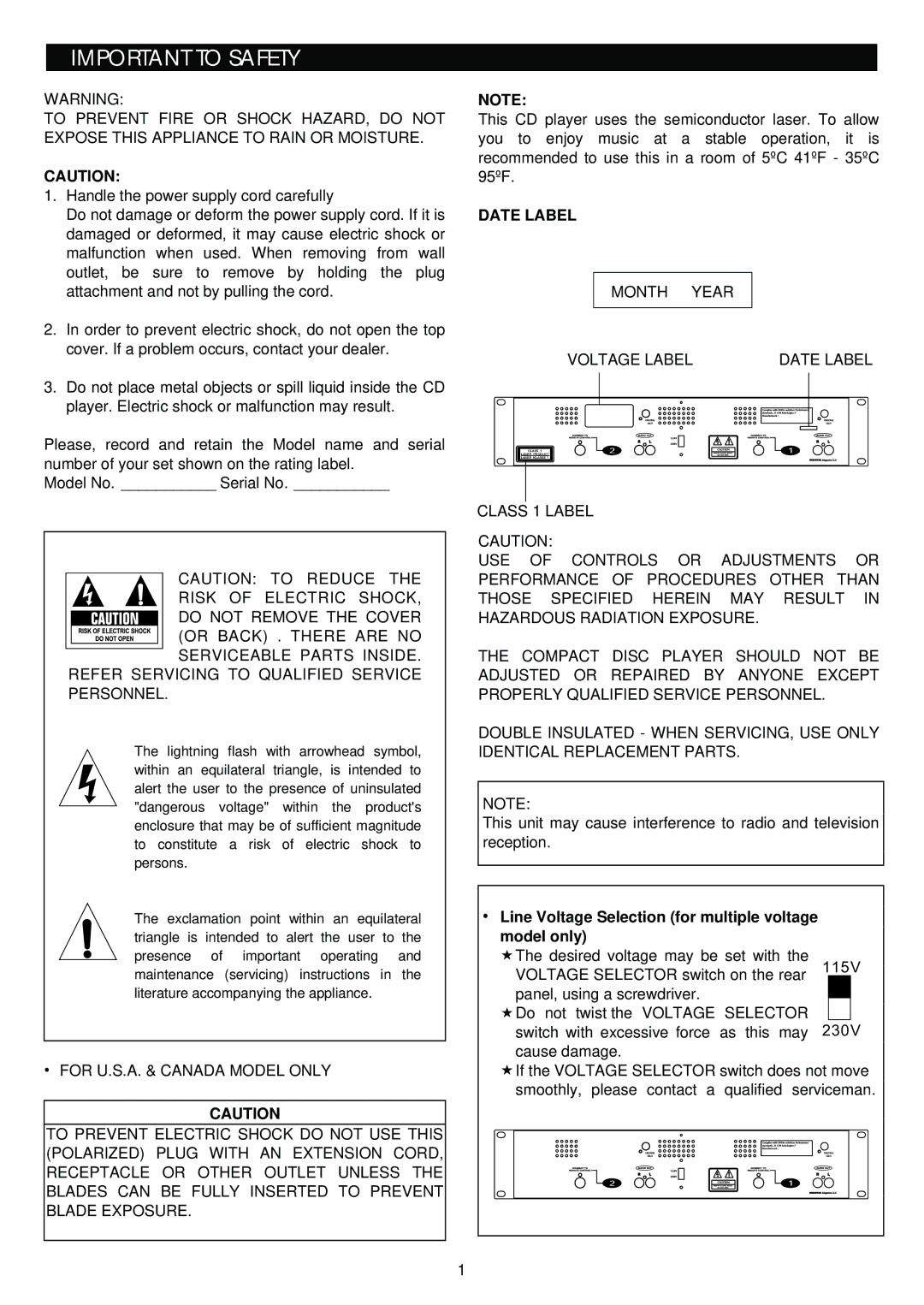 Stanton S-700 manual Important to Safety, Date Label, ‧ Line Voltage Selection for multiple voltage Model only 