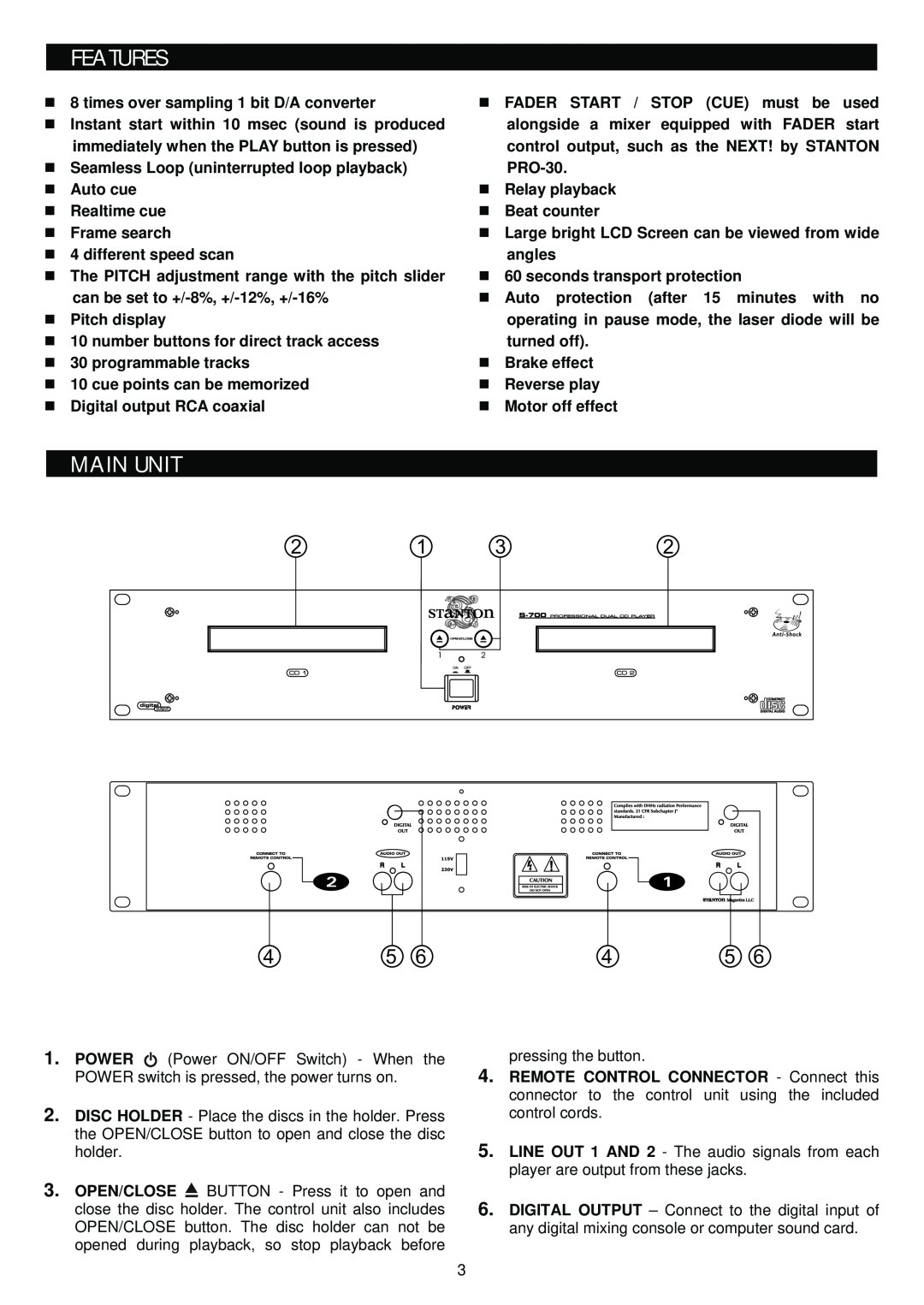 Stanton S-700 manual Features, Main Unit 