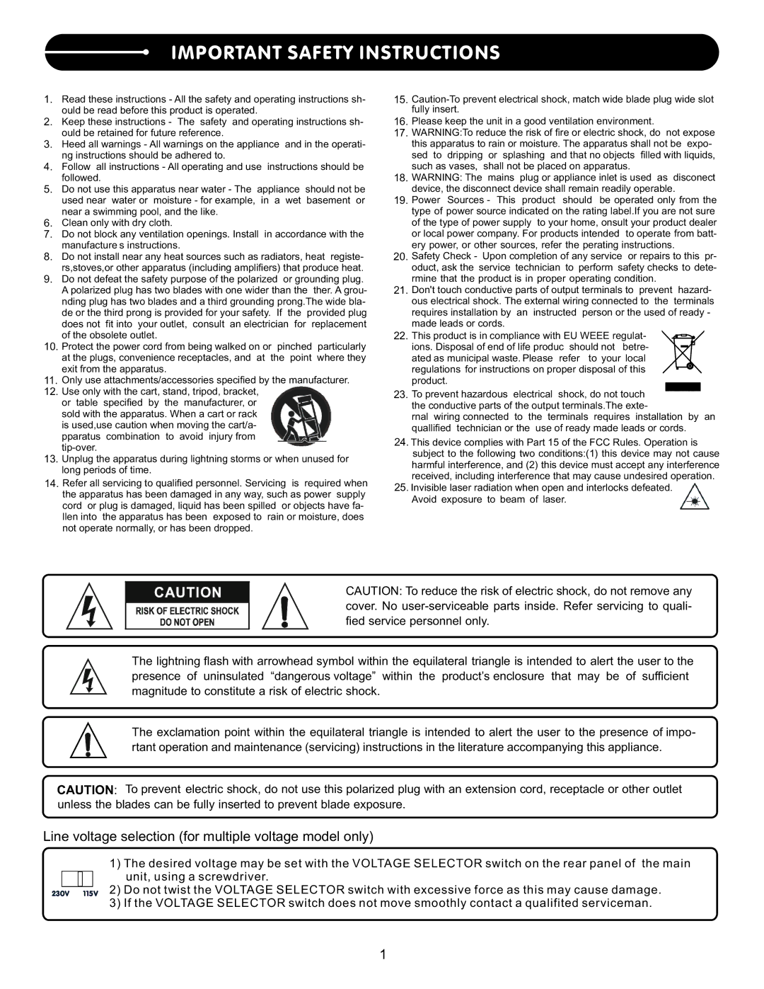 Stanton S.252 user manual Important Safety Instructions, Line voltage selection for multiple voltage model only 