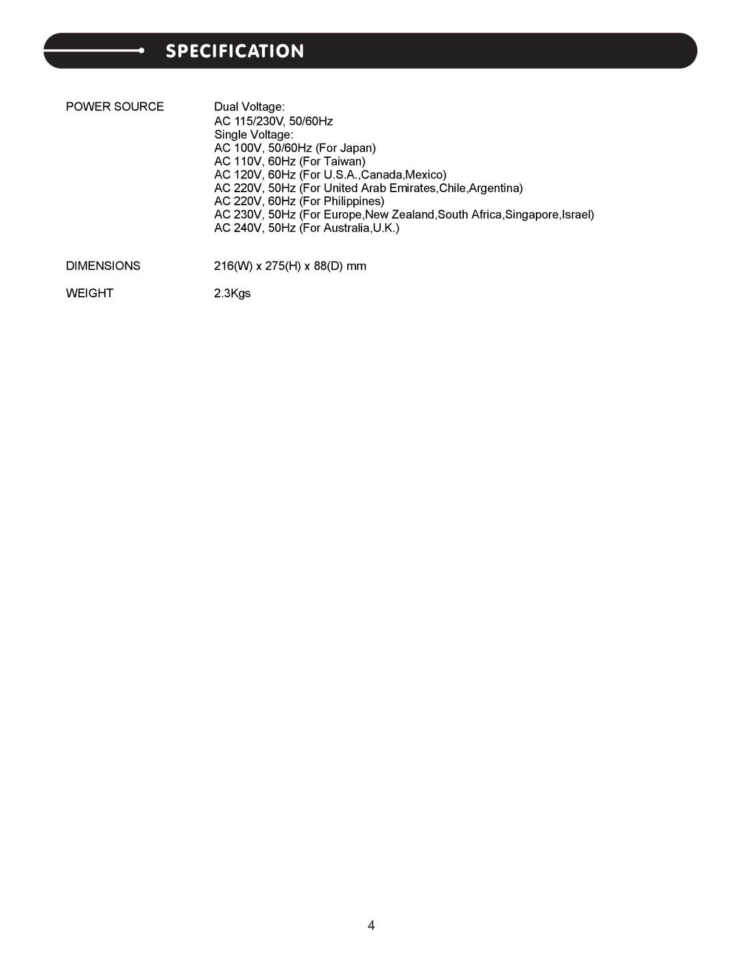 Stanton S.252 user manual Specification, Power Source 