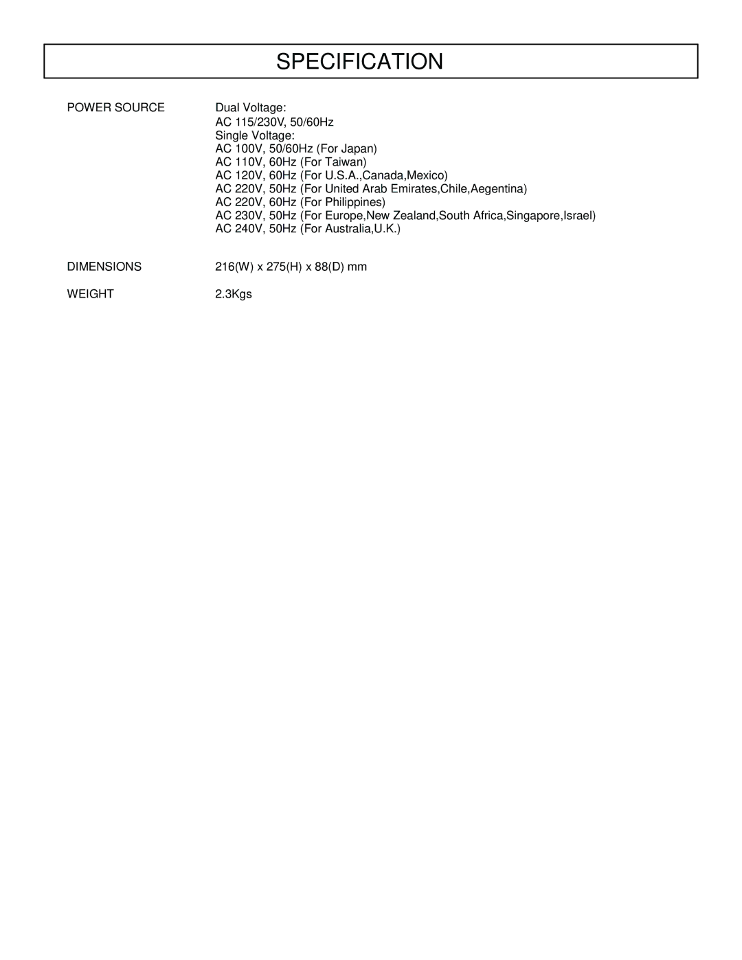 Stanton S.25O user manual Specification, Power Source 