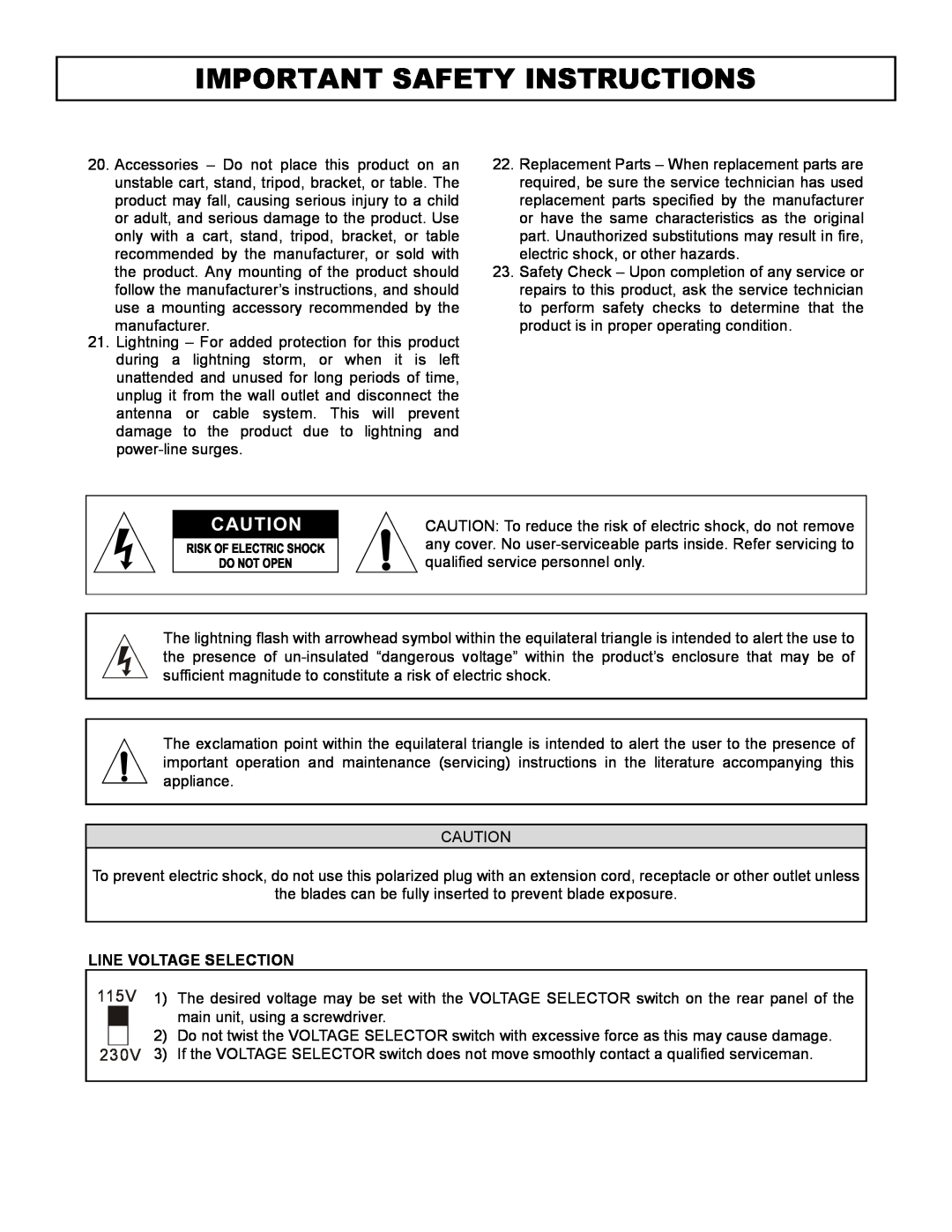 Stanton S.25O user manual Line Voltage Selection, Important Safety Instructions, 115V 