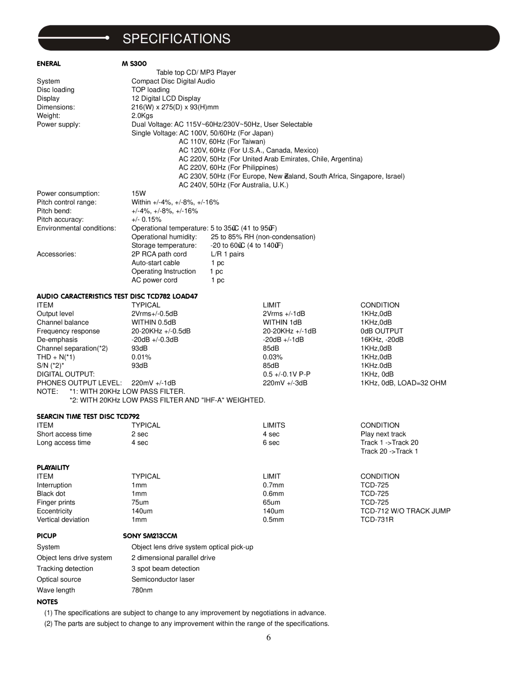 Stanton S.300 user manual Specifications, General, Searching Time Test Disc TCD-792, Playability, PICK-UP Sony KSM-213CCM 