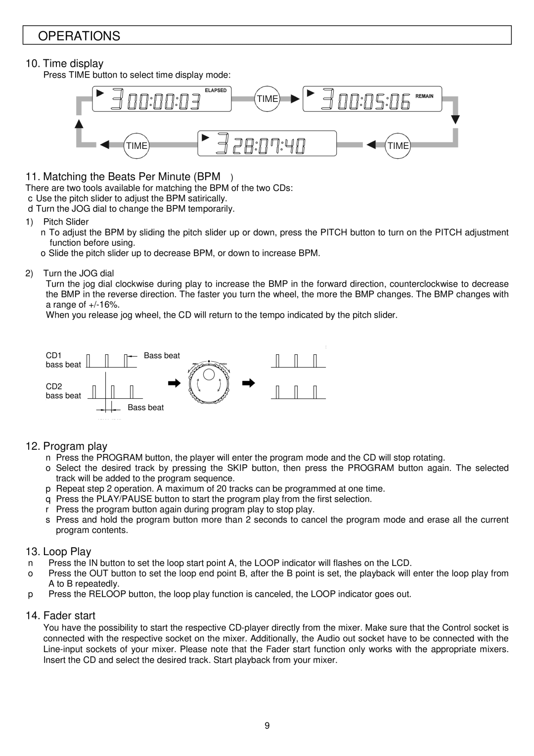 Stanton S.550 user manual Time display, Matching the Beats Per Minute BPM, Program play, Loop Play, Fader start 