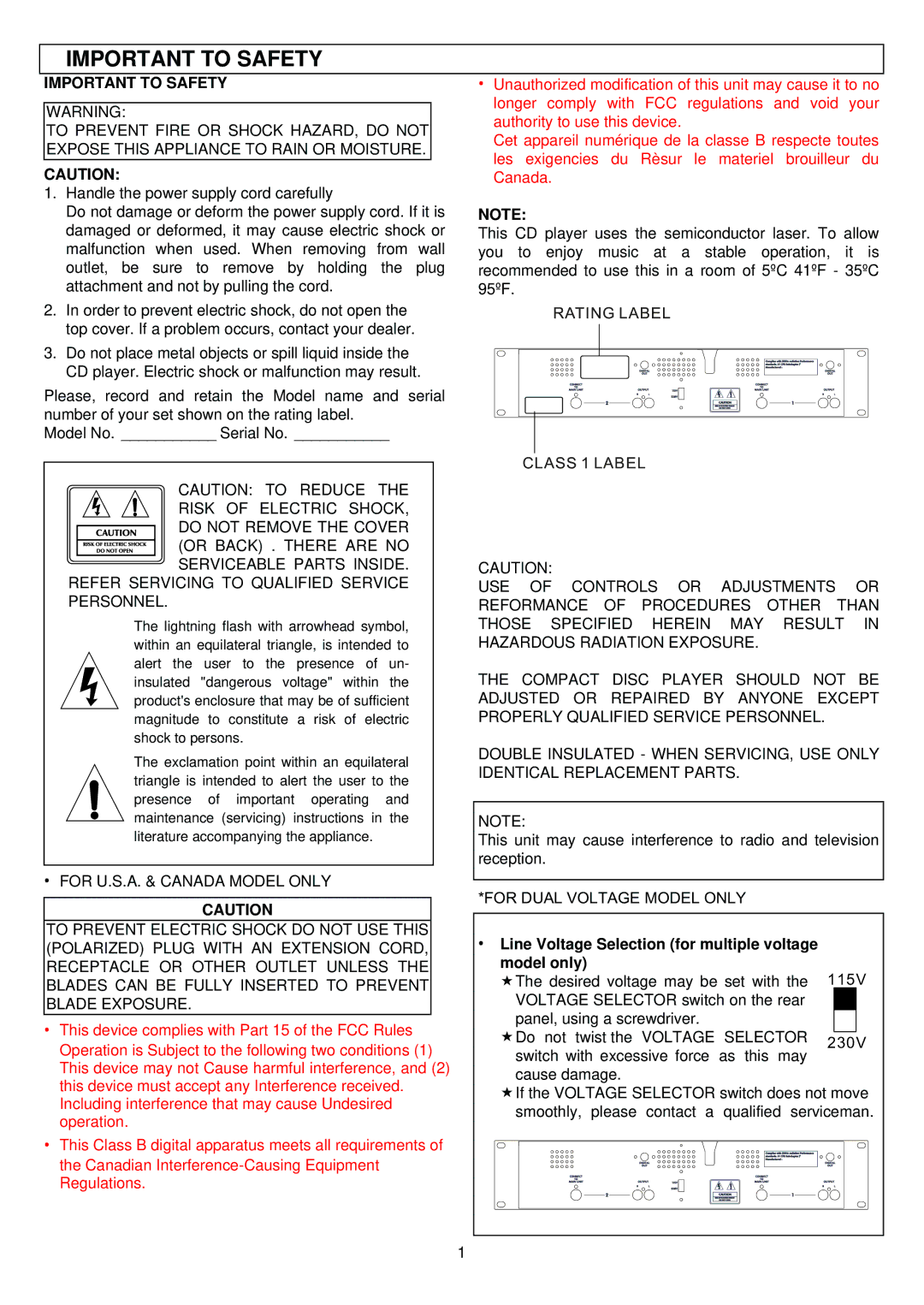 Stanton S.550 user manual Important to Safety, Refer Servicing to Qualified Service Personnel, For Dual Voltage Model only 