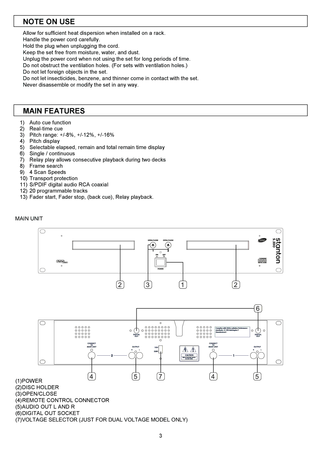 Stanton S.550 user manual Main Features 