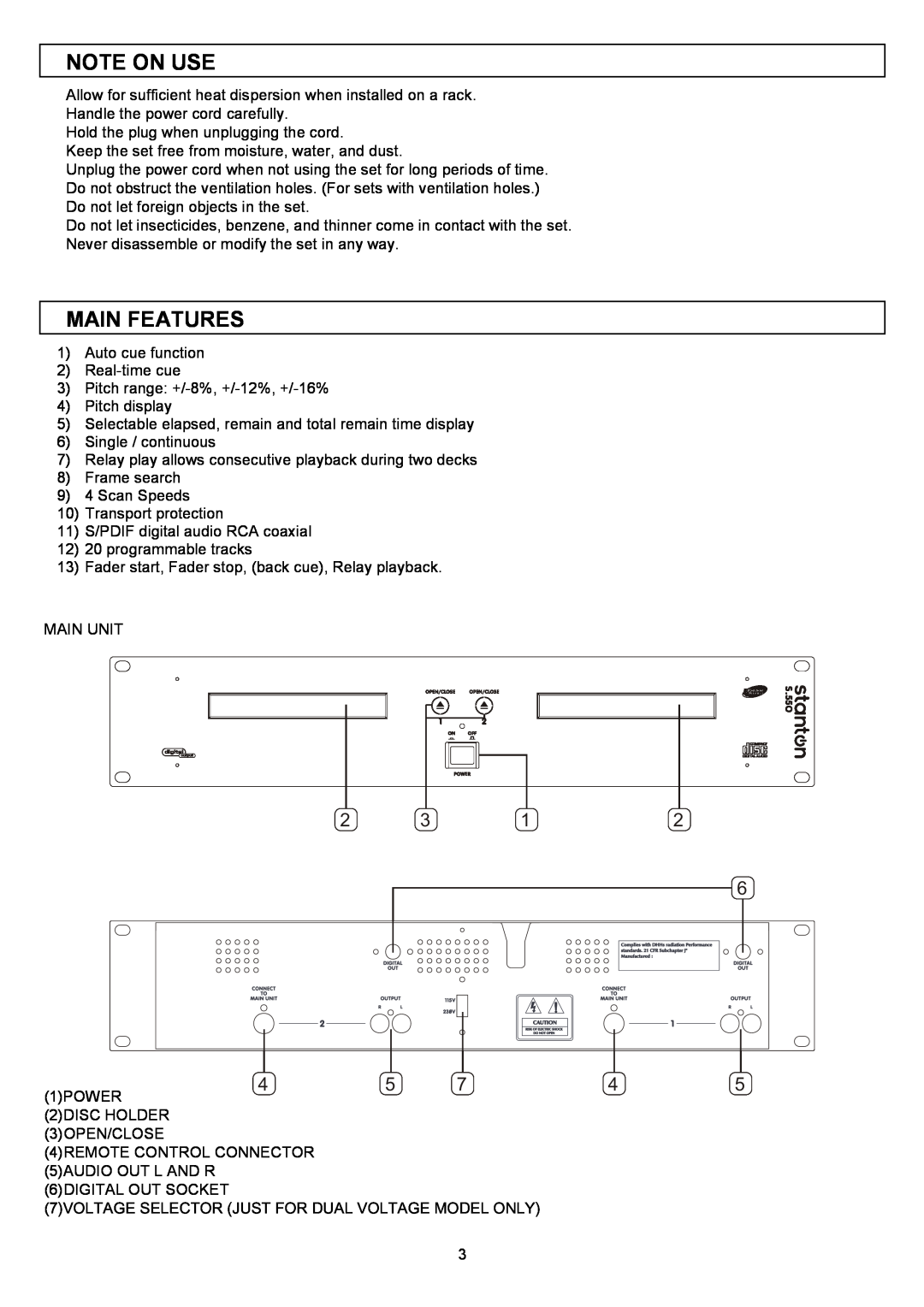 Stanton S.550 user manual Note On Use, Main Features 