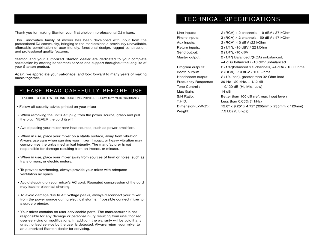 Stanton SA-8 owner manual C H N I C a L S P E C I F I C AT I O N S, E a S E Read C a R E F U L L Y Befo RE USE 