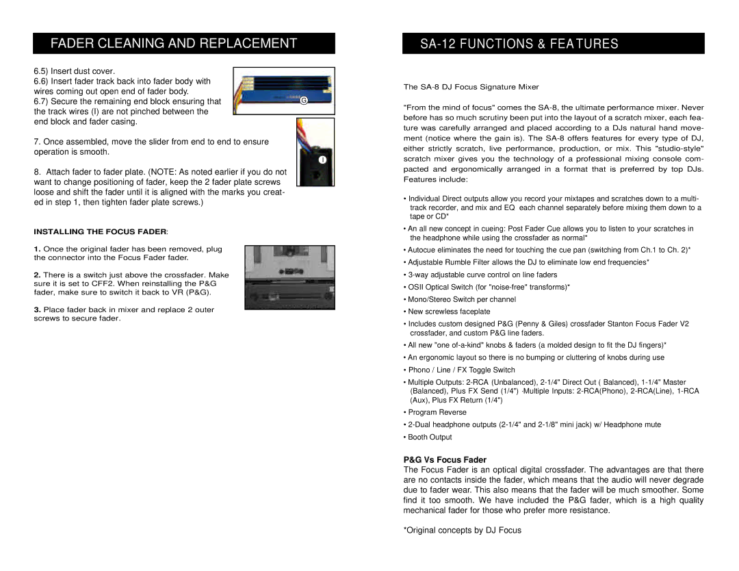 Stanton SA-8 owner manual Fader Cleaning and Replacement, SA-12 Functions & FEA Tures, Installing the Focus Fader 