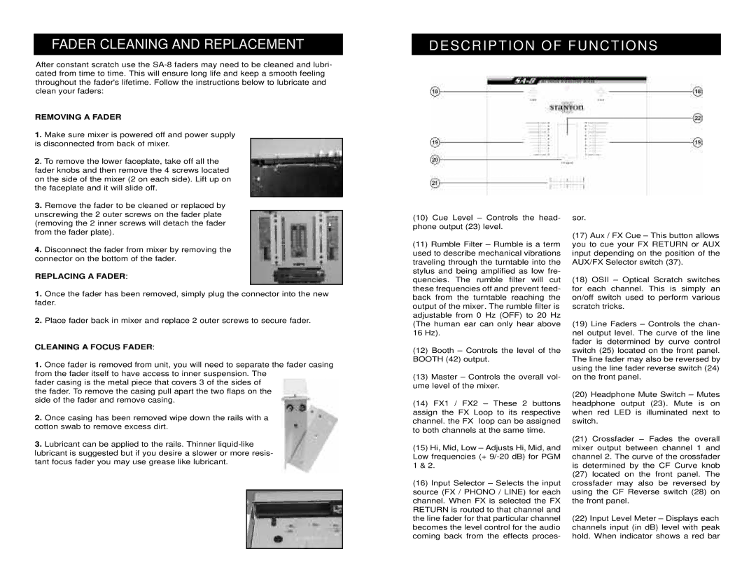 Stanton SA-8 owner manual Description of Functions, Removing a Fader, Replacing a Fader, Cleaning a Focus Fader 