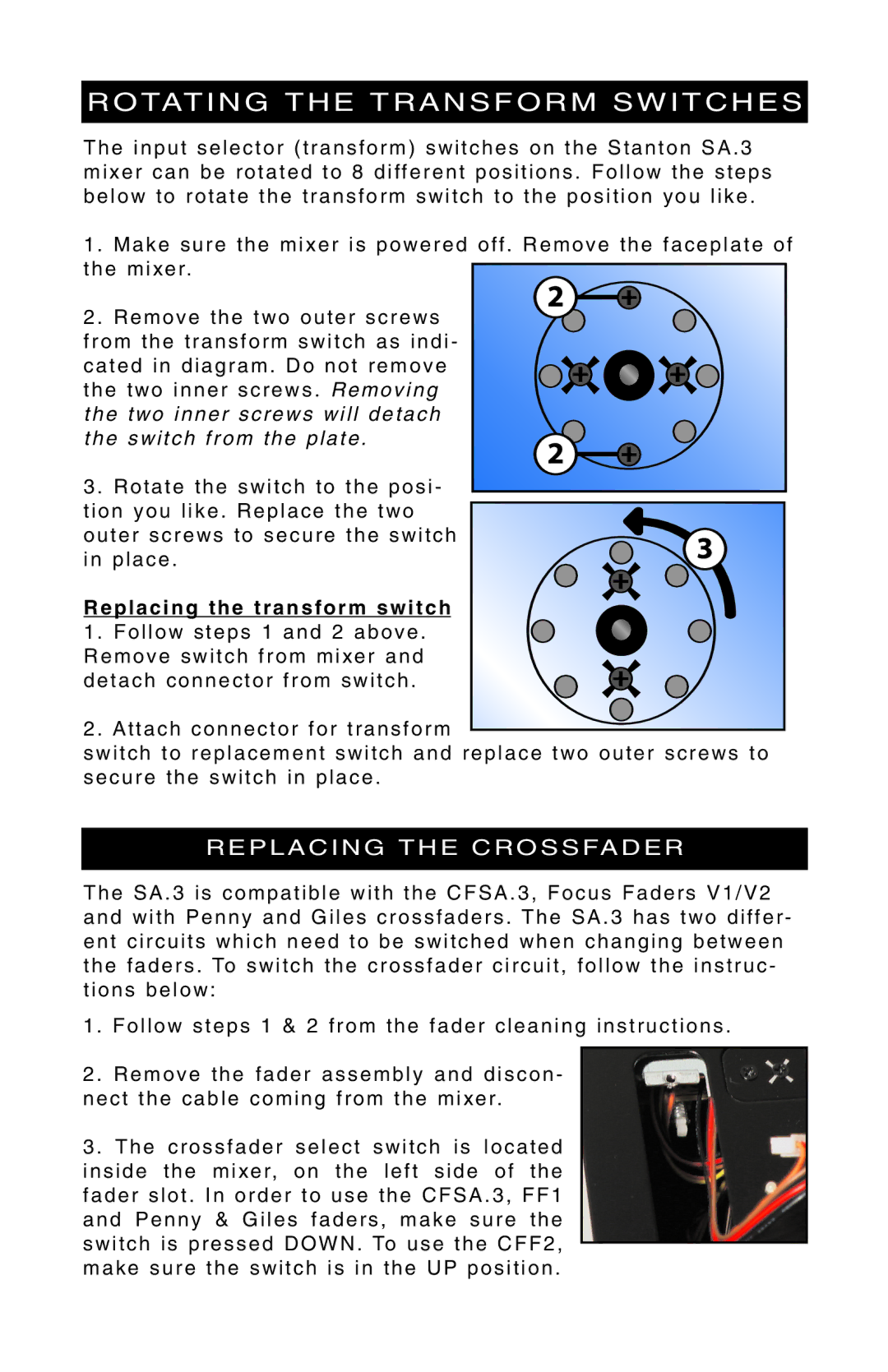 Stanton SA.3 owner manual TAT I N G T H E T R a N S F O R M S W I T C H E S, P L a C I N G T H E C R O S S FA D E R 