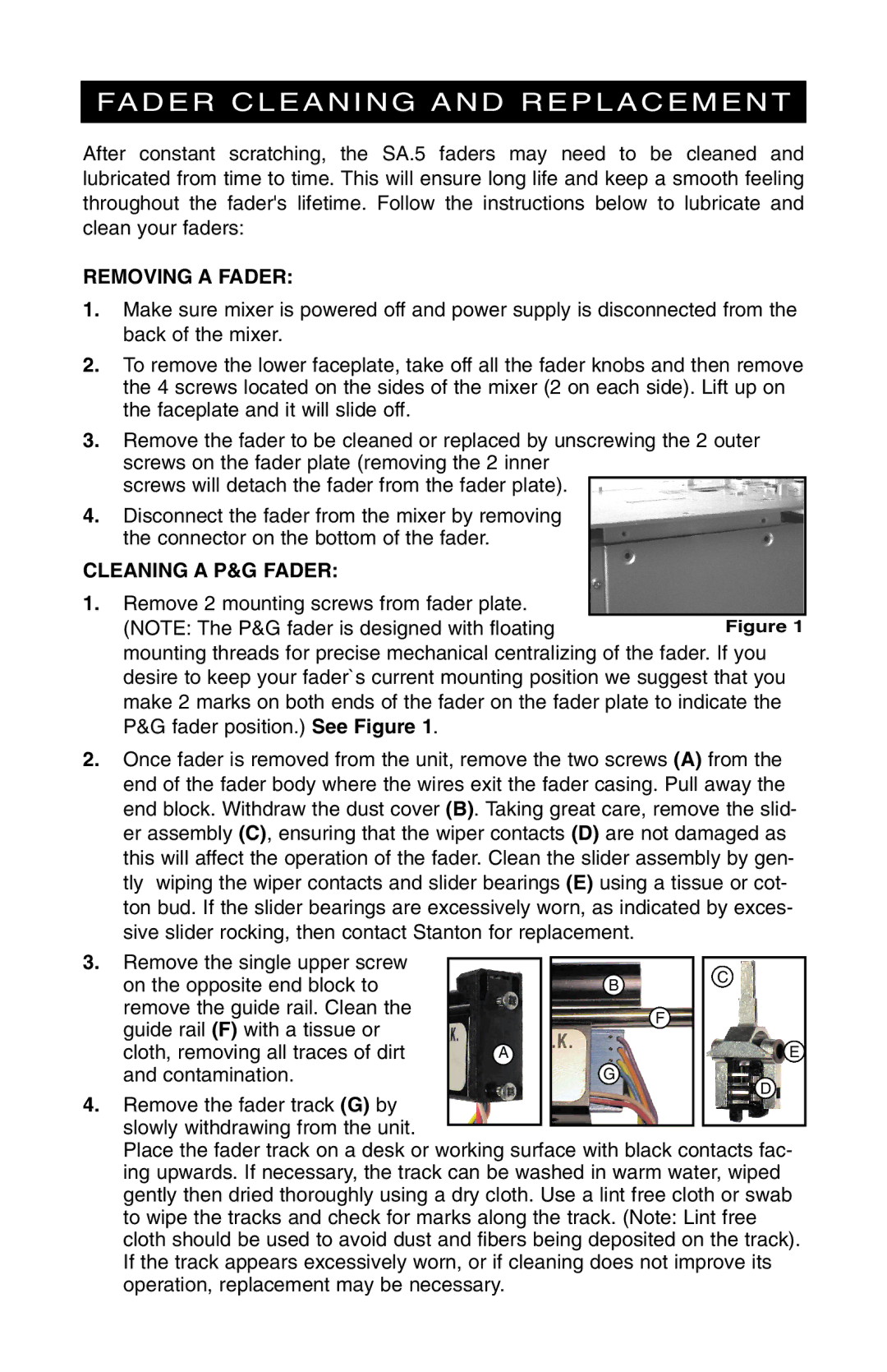 Stanton SA.5 owner manual Fader Cleaning and Replacement, Removing a Fader, Cleaning a P&G Fader 