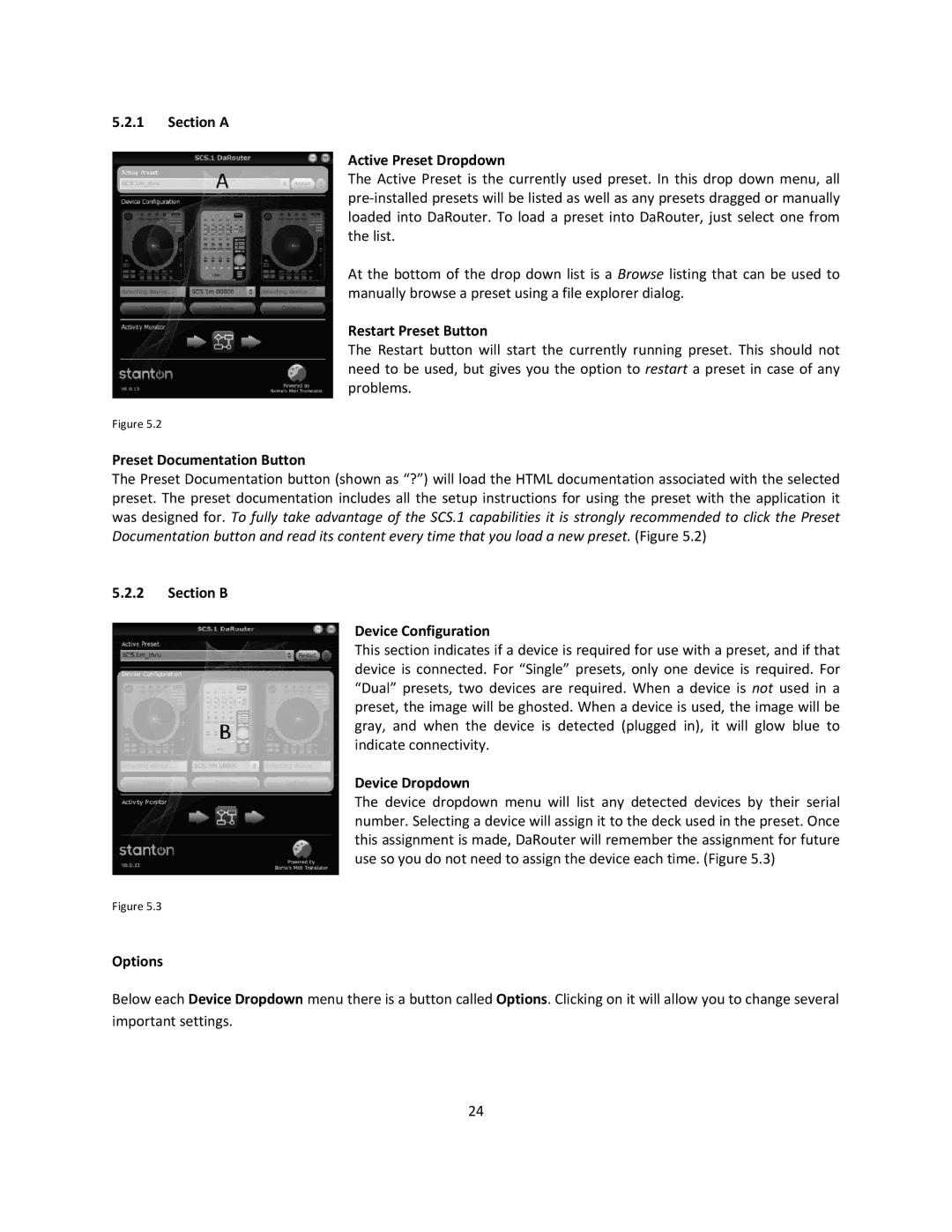 Stanton SCS.1d Section a Ctive Preset D ropdown, ‐ Restart Preset Button, Preset Documentation Button, Device Dropdown 